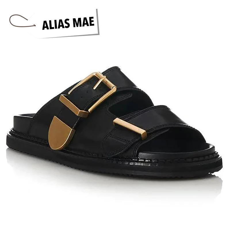 ALIAS MAE Women's Genuine Leather Double-Strap Slippers Vintage Gold Buckle Streetwear Beach Sandals Minimalist Luxury Style