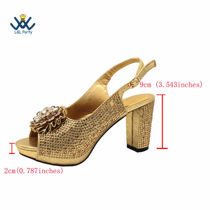 New Design Peep Toe African Spring Autumn Lady Shoes and Bag Set in Gold Color Women Sandal in Wedding