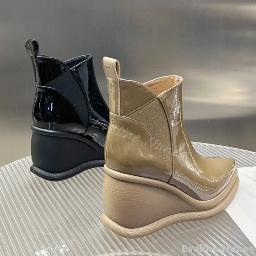 Fashion Height Increasing Wedges Ankle Boots Women Pointed Toe Platform Slip On Solid Leather Boots 2025 Simple Comfortable Boot