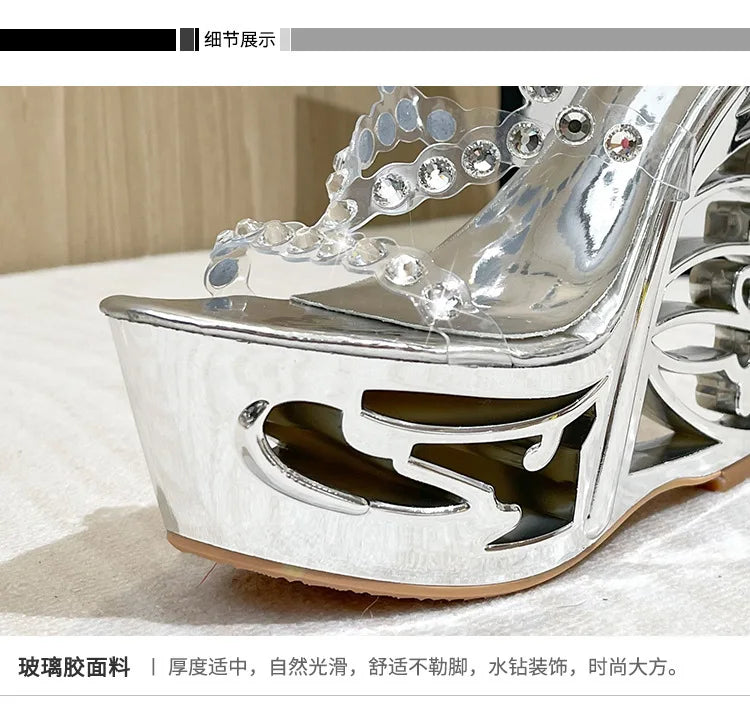 15cm Buckle Strap Sexy Ladies High Heels Strange Style Summer Novelty Hollow Out Wedge Platform Sandals Nightclub Women Pumps