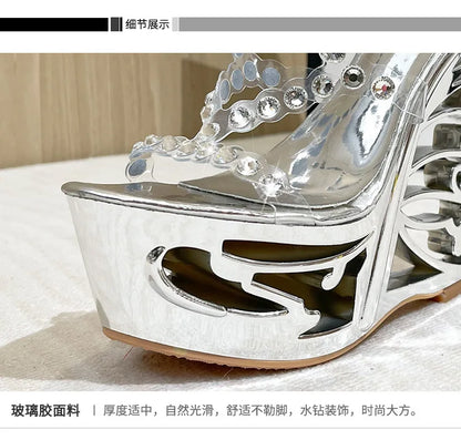 15cm Buckle Strap Sexy Ladies High Heels Strange Style Summer Novelty Hollow Out Wedge Platform Sandals Nightclub Women Pumps