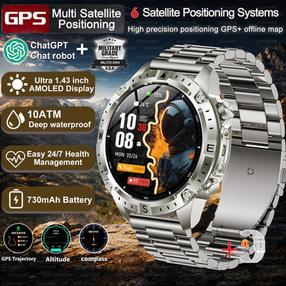 2026New Military Tank GPS SmartWatch Offline Map 10ATM Swim 2GB RAM Music Altitude Compass Bt Call Fitness Sports Smartwatch Men