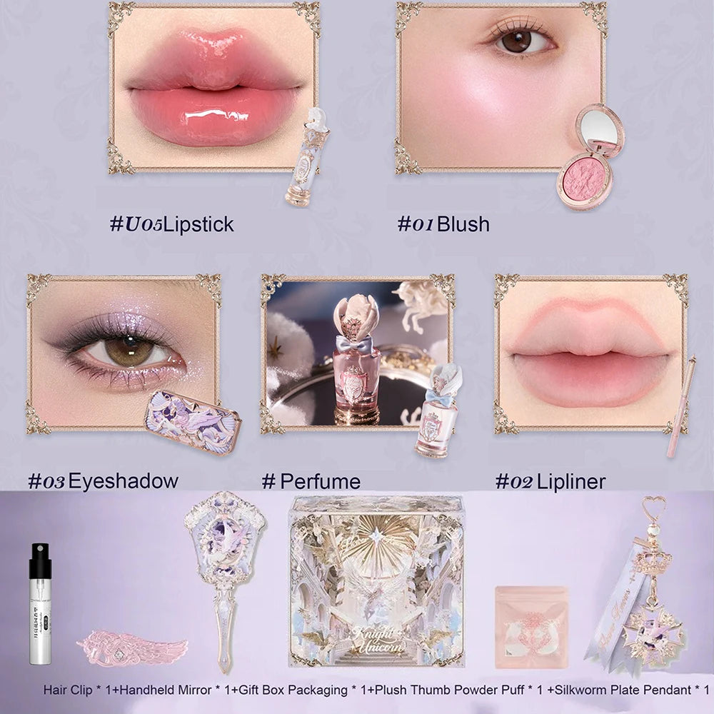 Flower Knows Knight Unicorn Collection Makeup Gift Set Perfumes Lipstick Blush Cloud Setting Powder Eye Shadow Cosmetics Kit