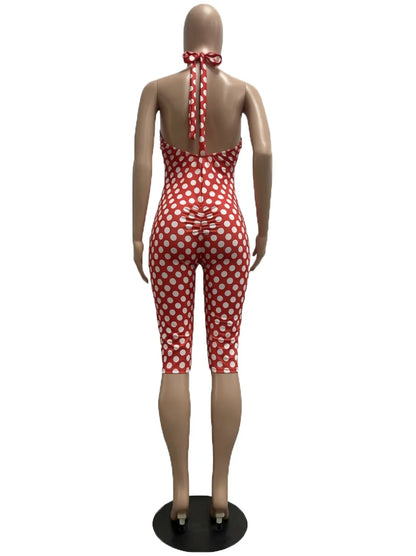European and American New Style Women's Clothing Spring and Summer Polka Dot Print Elastic Halter Neck Backless Slim Fit Jumpsuit Women's Jumpsuit