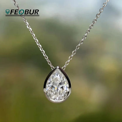 FEOBUR 1-4CT Bezel Pear Cut Moissanite Necklaces for Women Real S925 Silver WaterDrop Diamond Pendant Neckchain Jewelry Gifts
