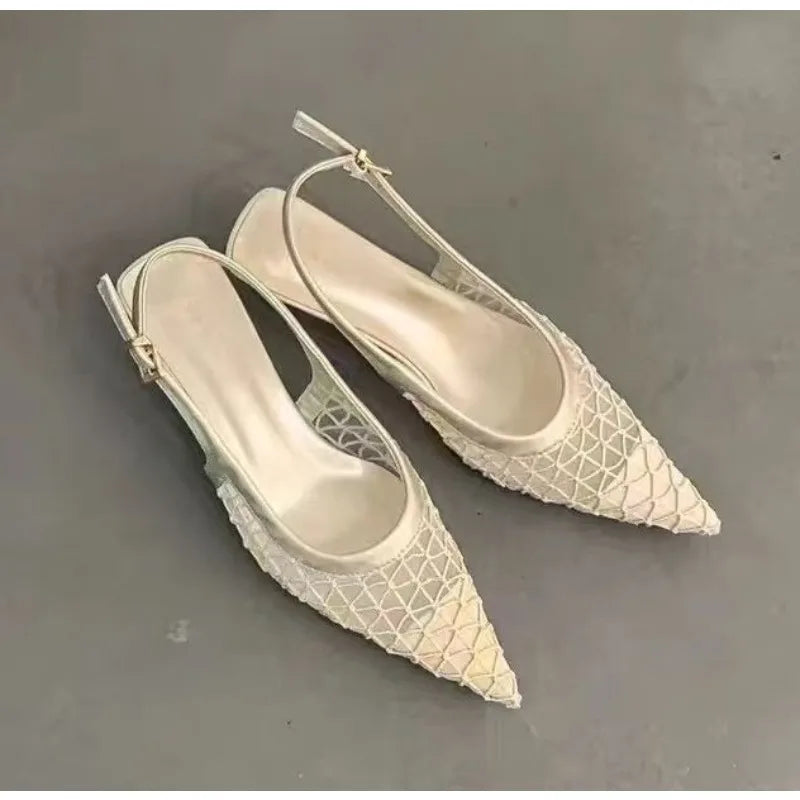 Luxury Brand High Heels Women Sandals Mesh Embroider Elegant Pointed Ladies Slingback Party Wedding Bridal Dress Shoes Woman