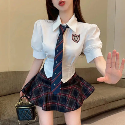 2025 improved cute sexy korea jk suit women autumn jk school uniform women shirt plaid pleated half skirt fashion two-piece set