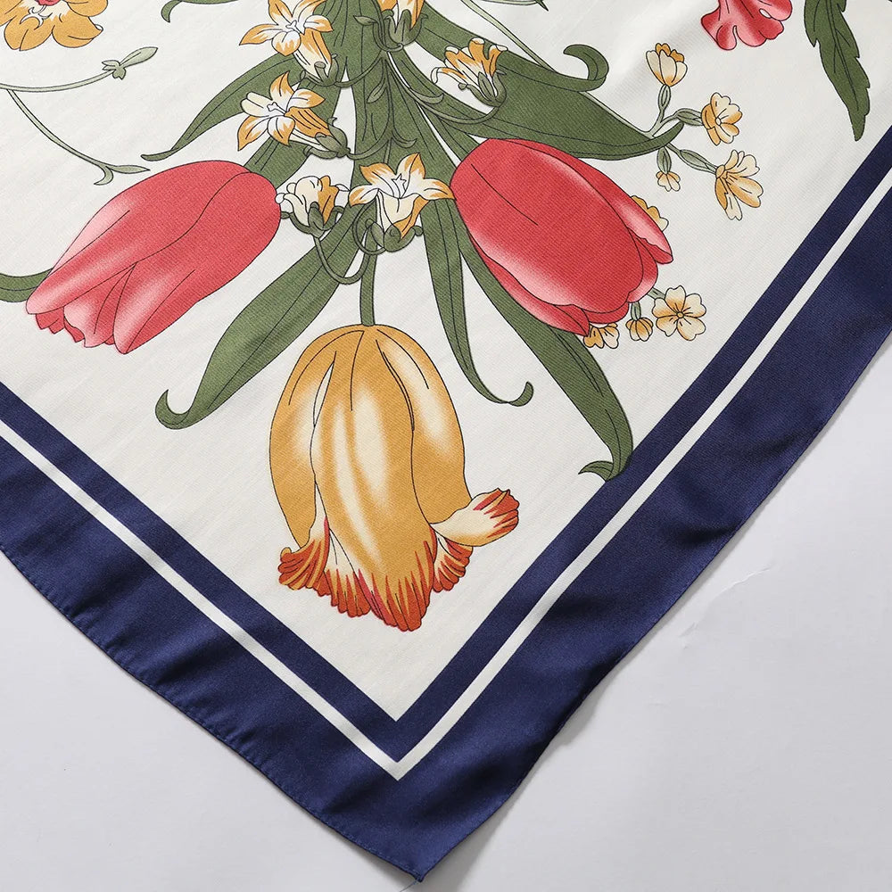 130*130cm Women Luxury Floral Print Twill Silk Scarves Lady Echarpes Bandana Square Scarves Wraps Femme Foulard Pashmina