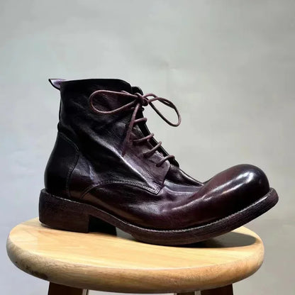 Washed Men's High Top Retro Leather Thick Soled High Rise Short Leather Boots Goodyear- Handmade Horse Leather Shoes Worn