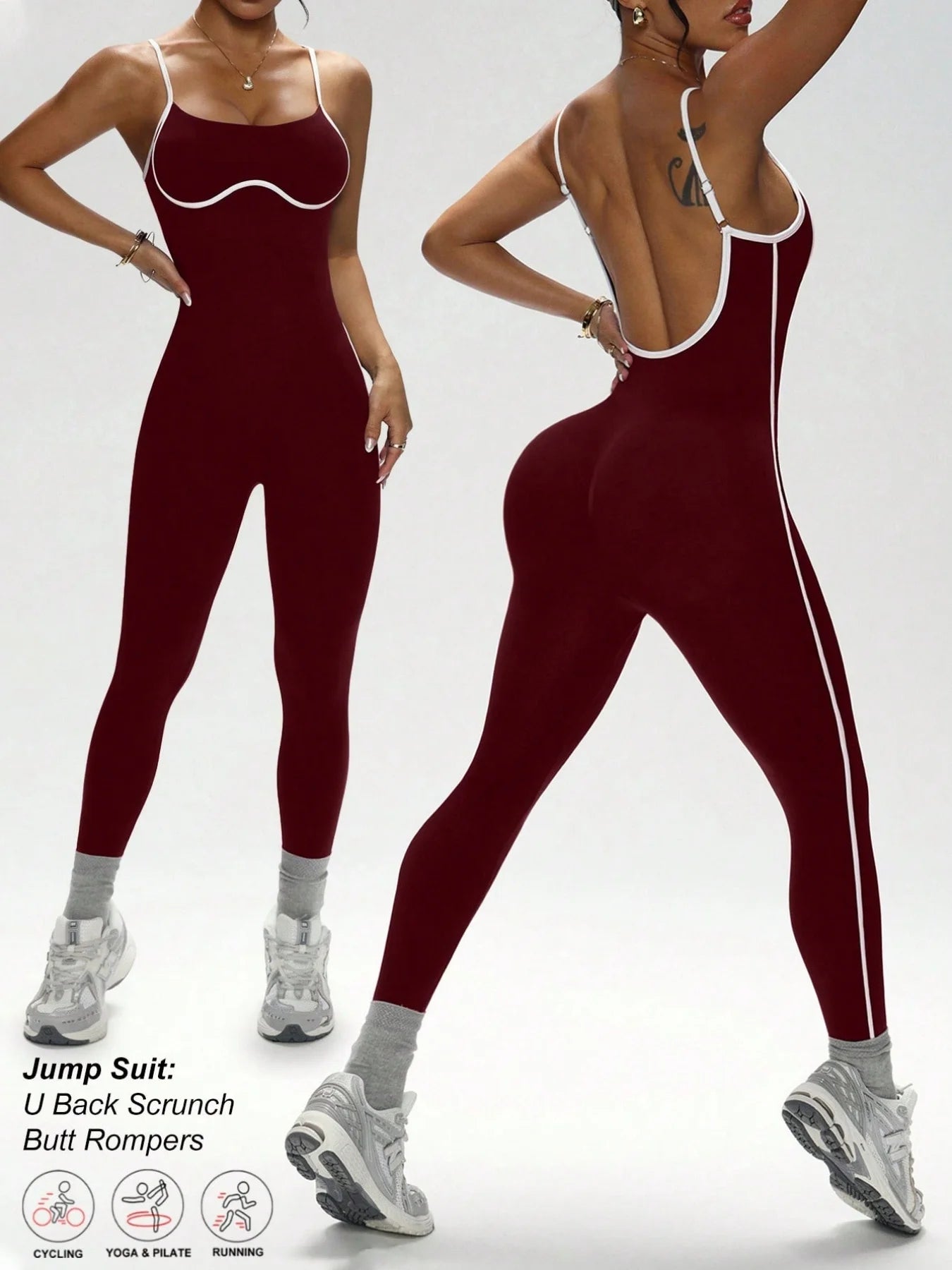 U-Back Contrast Trim Yoga Bodysuit Adjustable Thin Strap One Piece Workout Jumpsuit High Stretch Butt Lifting Gym Fitness Romper