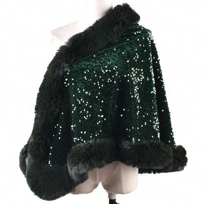 1PC Shiny Sequin Plush Shawl for Women Party Warmth Versatile Faux Fur Collar Blingbling Fashionable Shawl