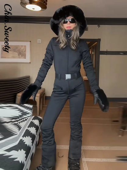 Chic Faux Fur Patchwork Women's Ski Jumpsuit High Wait Belt Zippers Pocket Lady Ski Wear 2025 Winter Spring Female Romper