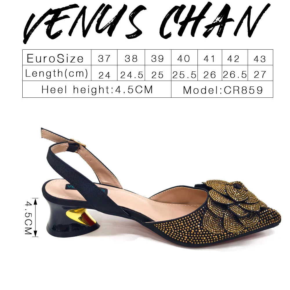 Italian Design Evening Shoes And Bags Paired With Handmade Petal Gold Colour Pointed Toe Mid-Heel Shoes For Women Party Shoes