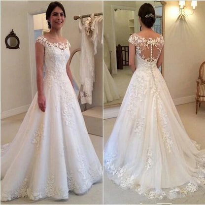 Customized Scoops Neck Ball Gown Wedding Dresses Vestido De Noiva Illusion Back Lace Court Train Elegant Princess Bride Dress