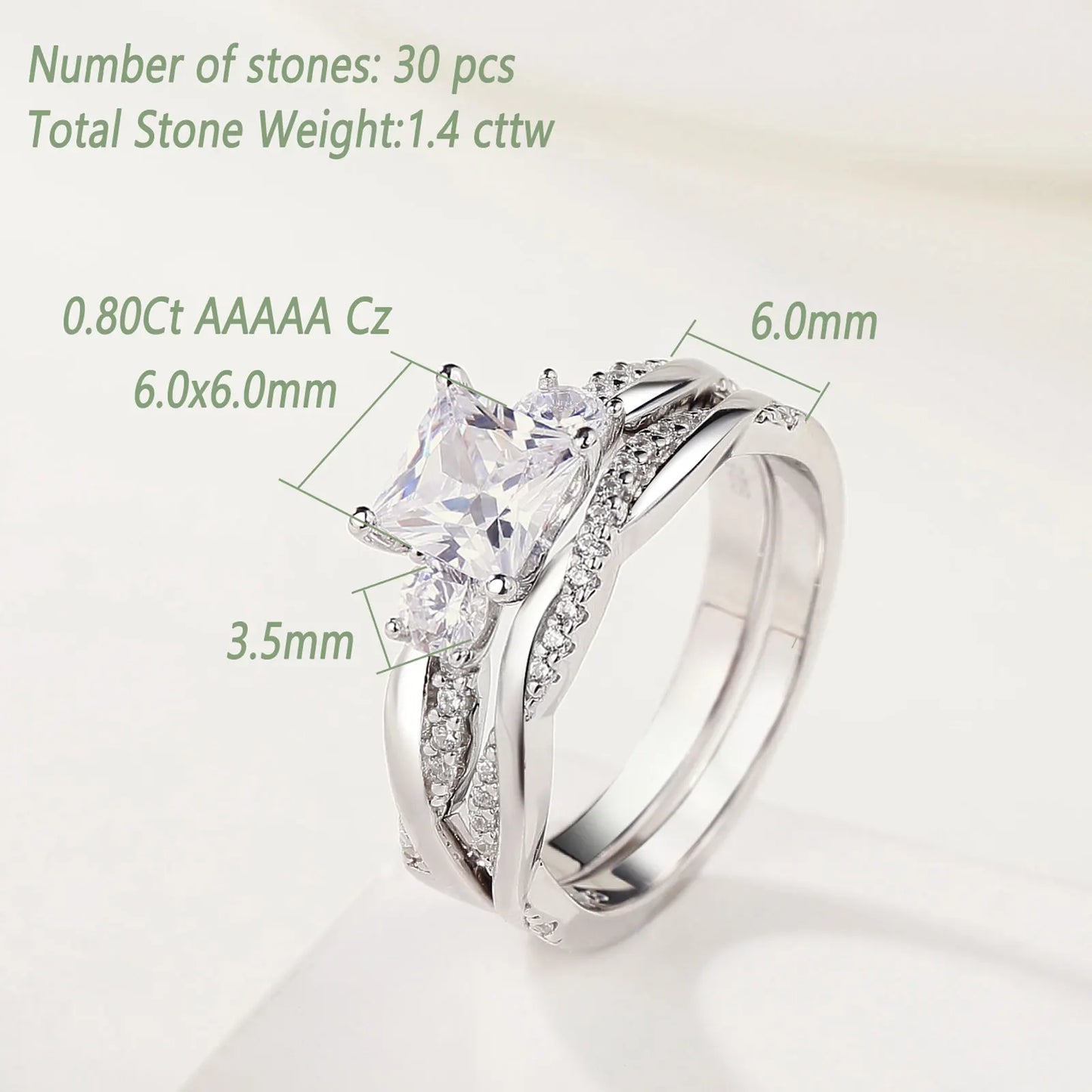 Newshe 925 Sterling Silver Moissanite/Zircons Princess Cut Eternity Engagement Rings Twist Wedding Band Bridal Sets