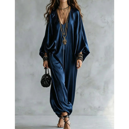 New Spring Autumn Solid V Neck Batwing Sleeve Loose Jumpsuit Women Fashion Satin Wide Leg Pants Jumpsuits Casual Holiday Rompers