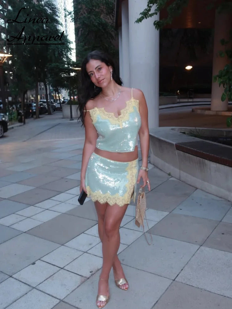 Sequined Lace Trim Patchwork Mini Skirt Sets V-neck Backless Spaghetti Strap Tops Split Skirt Suit 2026 Lady Summer Party Set