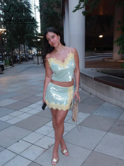 Sequined Lace Trim Patchwork Mini Skirt Sets V-neck Backless Spaghetti Strap Tops Split Skirt Suit 2026 Lady Summer Party Set