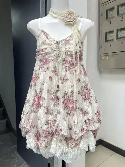Lace Purple Dot Mini Dress Women Floral Dress Elegant Casuak Y2k Boho Kawaii Vintage One Piece Dress Korean Fashion Vintage Chic