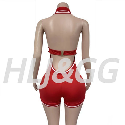 HLJ&GG Summer New Stripe Halter Lapel One Piece Rompers Women Sleeveless Backless Bodycon Jumpsuits Sexy Stretchy Overalls 2025
