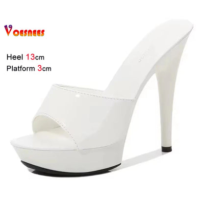 13CM Womens Slippers Mule Patent Leather Sandals Sexy Slides Party Shoes Woman Luxury Red Sandals Summer Platform Bottom Pumps