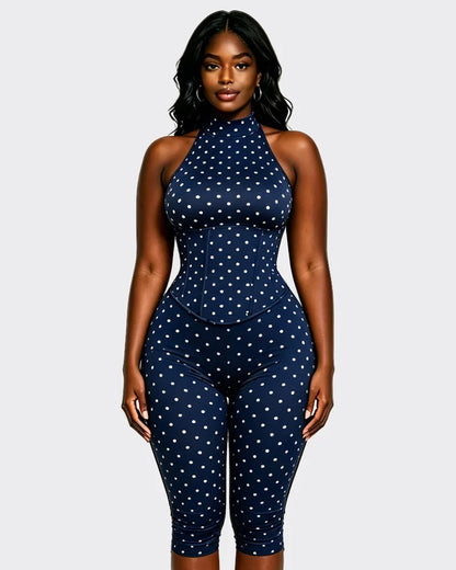 FAGADOER Cute Polka Dot Bodycon Rompers Hot Girl Streetwear Lace Up Bandage Corset Halter Jumpsuits Summer Night Club Playsuits