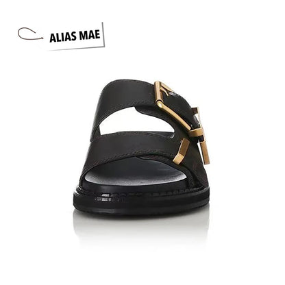 ALIAS MAE Women's Genuine Leather Double-Strap Slippers Vintage Gold Buckle Streetwear Beach Sandals Minimalist Luxury Style
