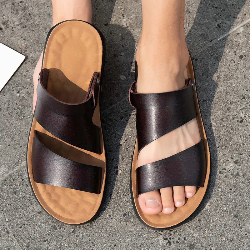 Male Luxury Sandals Male Leather Classic Men Slippers Beach Shoes Comfortable Walking Roman Sandals Outdoor Mens Slip on Shoes