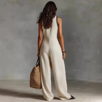 Women Jumpsuit Sleeveless V Neck Wide Leg Romper Linen Blend Loose Fit Cotton Overalls High Waist Pockets Boho Style Jumpsuits