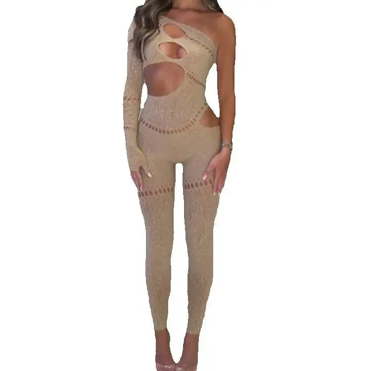 Whatiwear Rhinestones Patchwork Jumpsuit Women Sexy Hollow Skew Collar Single Sleeve Hottie Midnight Club Party Coquett Overalls