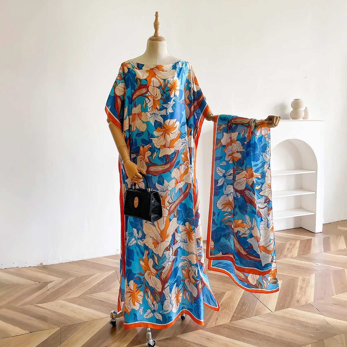 2025 New African Fashion Short Sleeve Colored Pattern Dubai Women Summer Real Silk Soft Printing Loose Tradition Muslim Dress