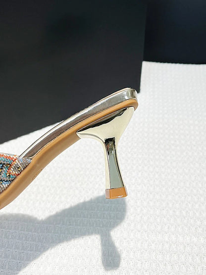 Luxury String Bead Decoration Design Brand High Heel Slippers Women Shiny Rhinestone Slide Sandals Elegant Wedding Bridal Shoes