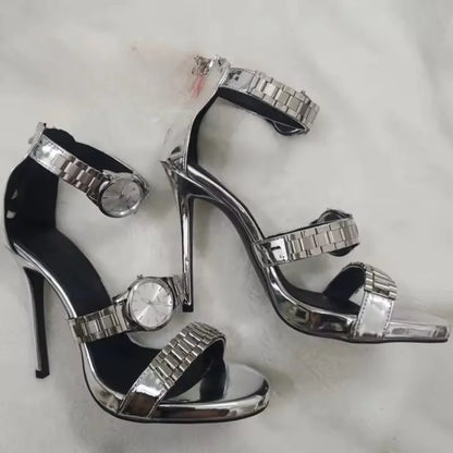 Womens Silver Watch Embellished Strap Sandals Sexy Stilettos Heel Sandals Open Toe Ladies Chain Detail Gladiator Sandals 35-44