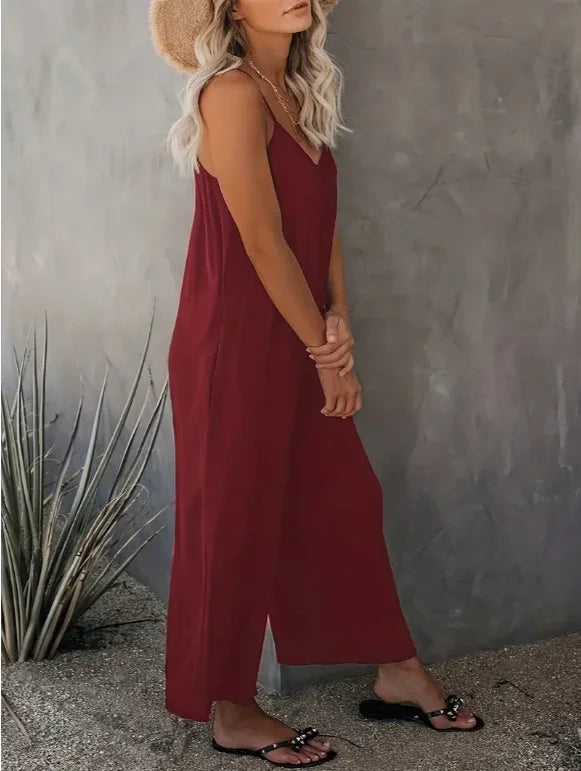 Plus Size Women's 1XL-5XL Fashionable Solid Color Jumpsuit Ladies Casual Suspender V-neck Casual Loose Elegant Jumpsuit