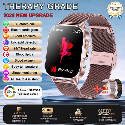 2026 New Body Analysis Health Smart Watch ECG+PPG Uric Acid Blood Pressure Blood Oxygen Clock Call AMOLED Smart Watch Men Women