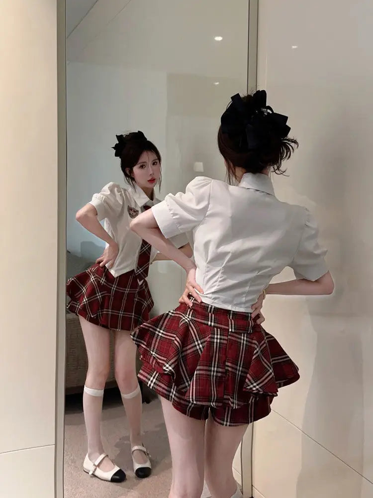 2025 improved cute sexy korea jk suit women autumn jk school uniform women shirt plaid pleated half skirt fashion two-piece set