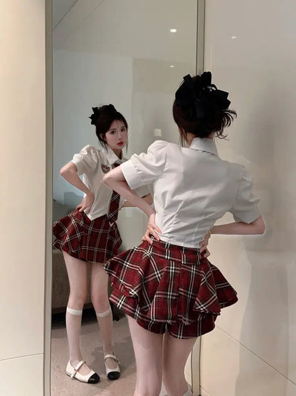 2025 improved cute sexy korea jk suit women autumn jk school uniform women shirt plaid pleated half skirt fashion two-piece set
