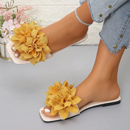 Women Flat Slippers 2026 Summer New Solid Color Sandals Flowers Open Toes Slippers Casual Fashionable Beach Shoes Slides Women
