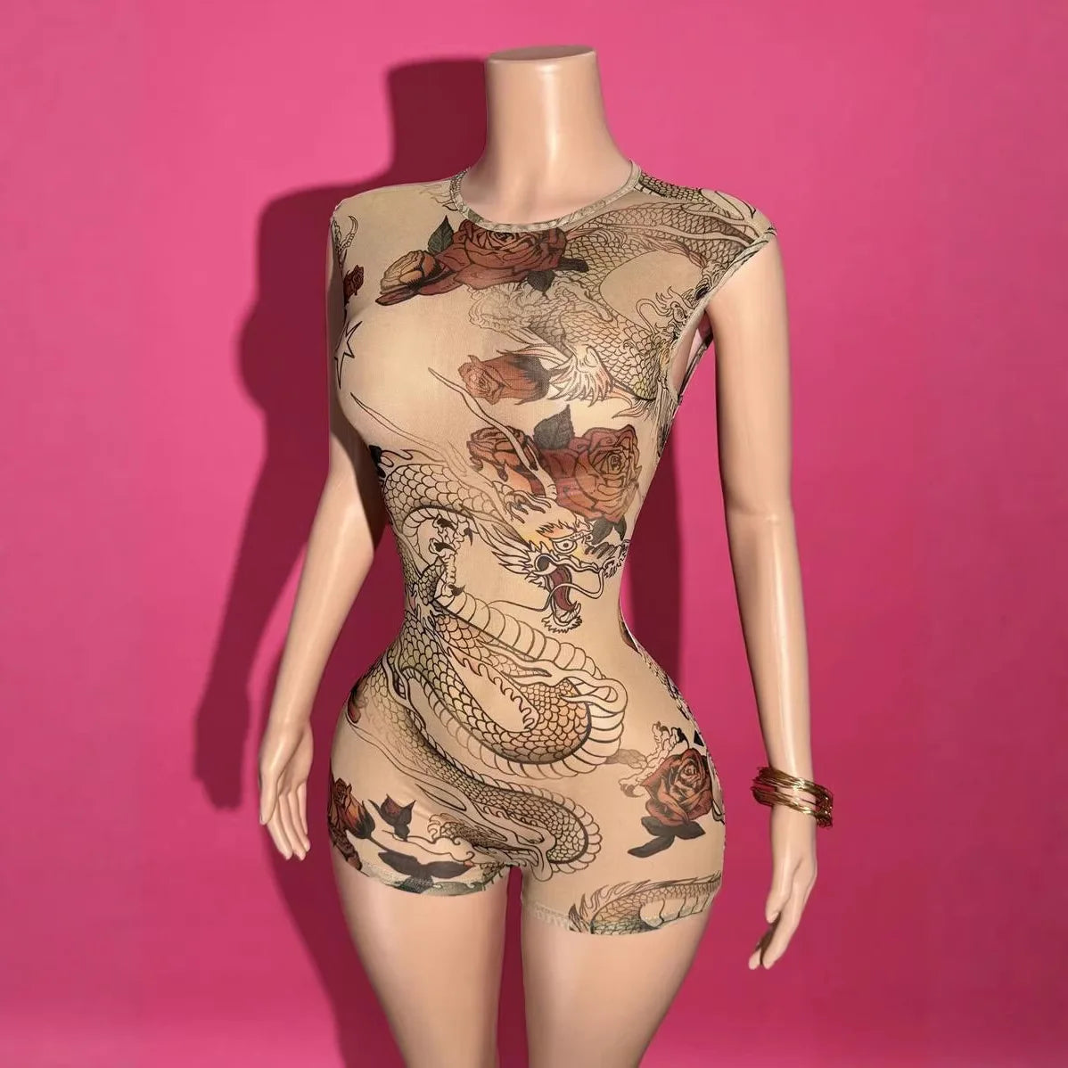 STYLISH LADY Sexy Dragon Rose Tattoo Print Mesh Romper 2026 Summer Women Backless Slim Fit Clubwear One Piece Shorts Jumpsuits