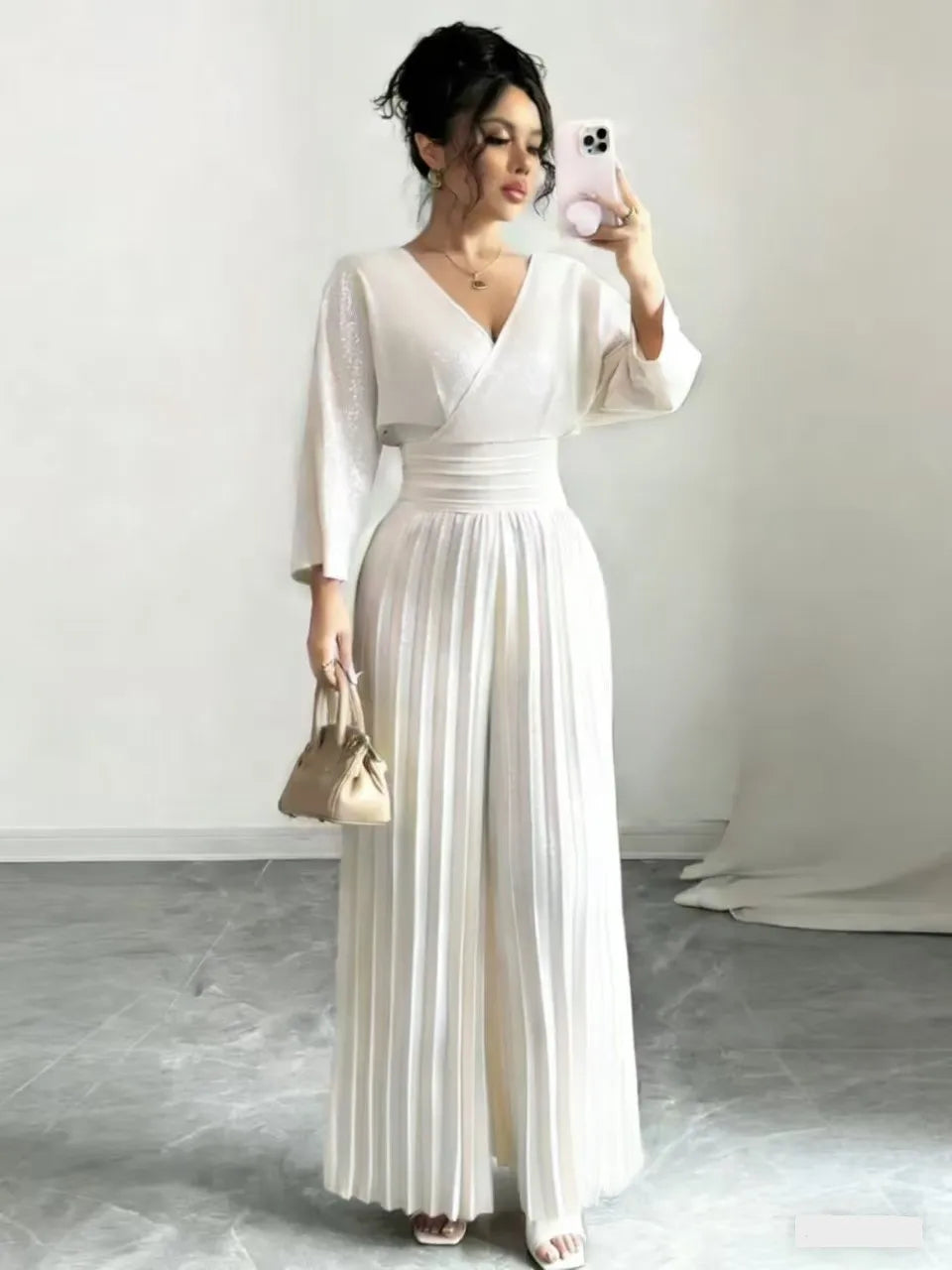 Pleated High Waist Wide Leg Capri Jumpsuits 2026 Trend V Neck Wrap Elegant Women's Palazzos White Three Quarter Long Romper