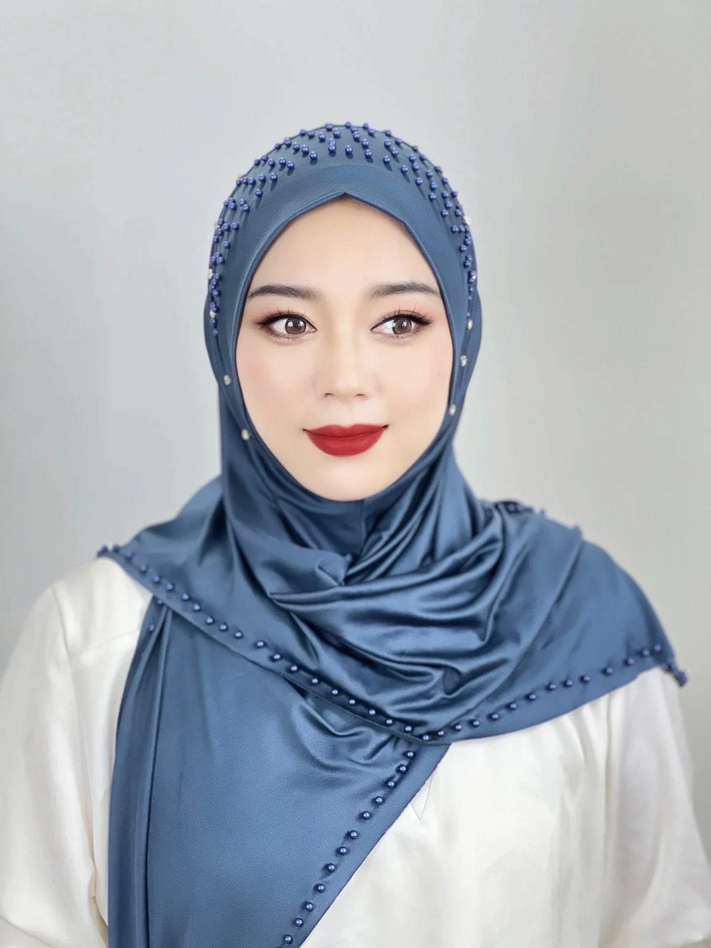 2026 Fashion Versatile Beaded Hijab for Women,Mid-Length Convenient Pull-over Hat Scarf,Malay Shawl Pure Color Women's Headscarf