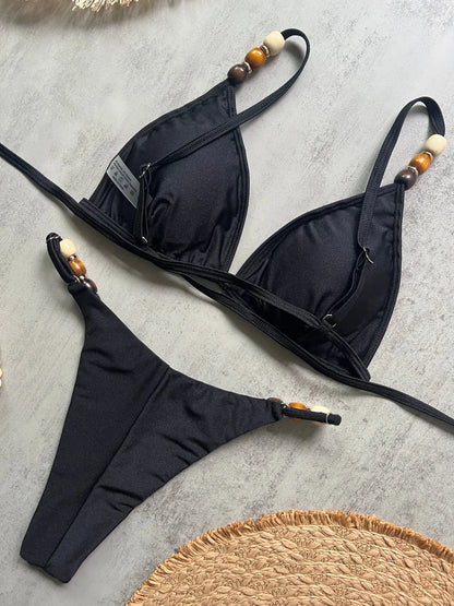 Sexy Brown Bikini Set 2026 Women Pearls Strap Hole Out Push Up Bra Thong Swimsuit Brazilian Beach Bathing Suit Micro Swimwear