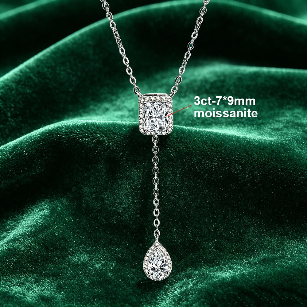 BXINY 3CT Radiant/Emerald Cut Moissanite WaterDrop Pendant Tassel Necklace 100%S925 Silver for Women NeckChain Fine Jewelry Gift