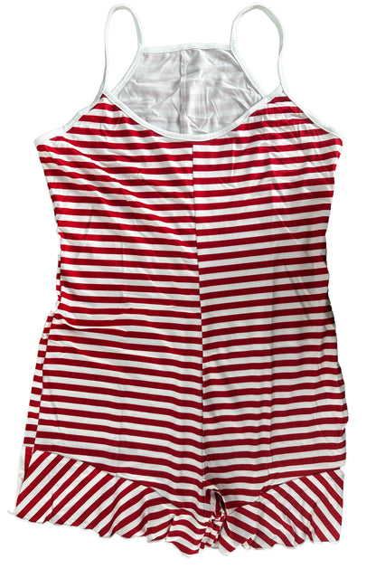 Women Red White Striped Cami Rompers Sleeveless V Neck Flared Hem Short Jumpsuits Summer Casual Bodycon Short Playsuit Female Be