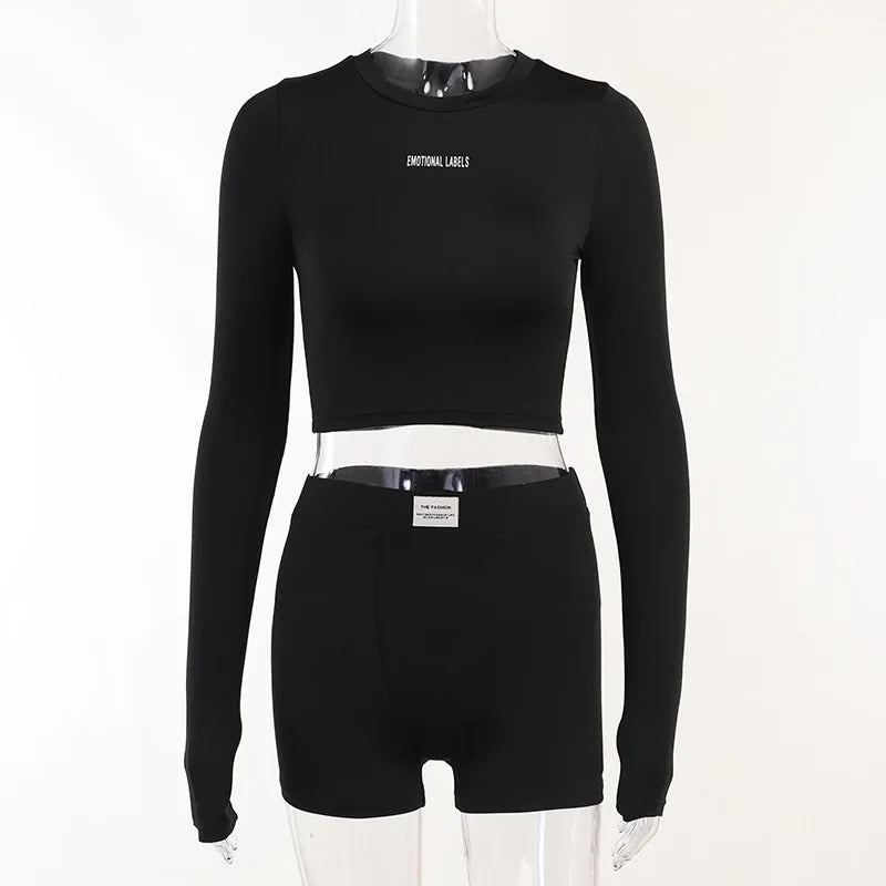 European and American Spring/Summer Round Neck Long Short sleeved 3/4 Shorts Two piece Women's Fashion Sports Versatile Set