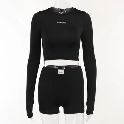 European and American Spring/Summer Round Neck Long Short sleeved 3/4 Shorts Two piece Women's Fashion Sports Versatile Set