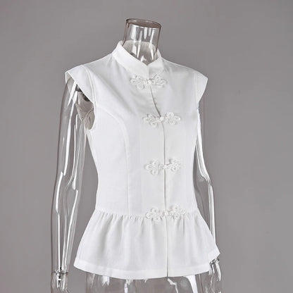 Linad Summer Chinese Style White Single Breasted Vest Woman Vintage Slim Stand Collar Tops 2026 Street Chic Sleeveless Tank Top
