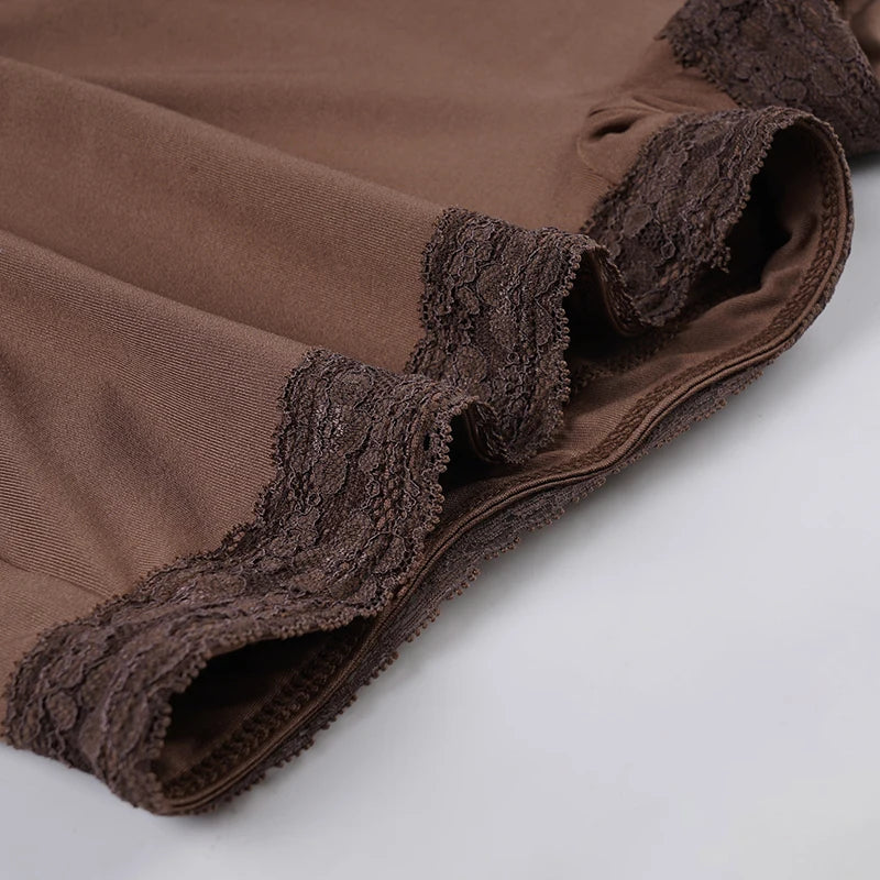 SUCHCUTE Sexy Lace Patchwork Strapless Jumpsuit Women Brown Rompers Y2k Casual Bodysuits Vintage One-piece Suit Summer Aesthetic