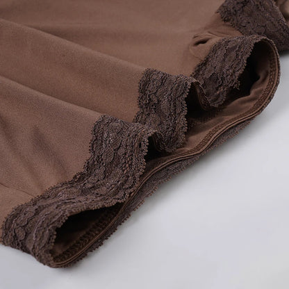 SUCHCUTE Sexy Lace Patchwork Strapless Jumpsuit Women Brown Rompers Y2k Casual Bodysuits Vintage One-piece Suit Summer Aesthetic