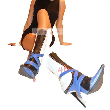 Multicolor Splicing Pointy Toe Stiletto Boots Women Sexy Studded Cross Belt Mid Calf Shoes Big Size High Heels Ladies Boots